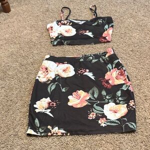 Floral Black Mini Skirt and tank set - Women's Floral Print